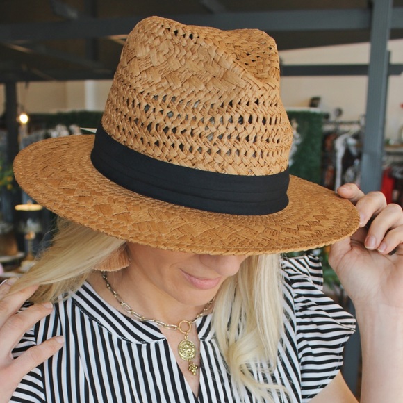 Infinity Raine Accessories - Find The Sun Short Brim Panama Hat-Light Brown